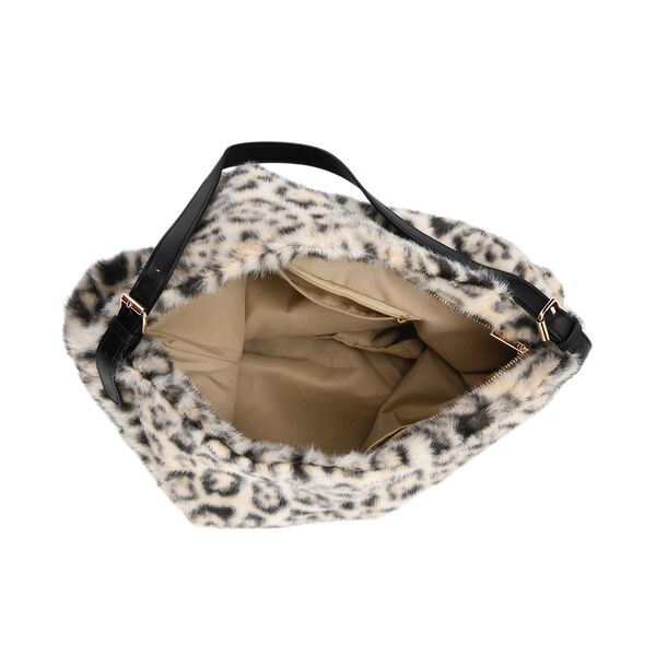 Leopardenmuster-Fellimitat-Tasche, 46x11x35 cm, Beige-Schwarz image number 6