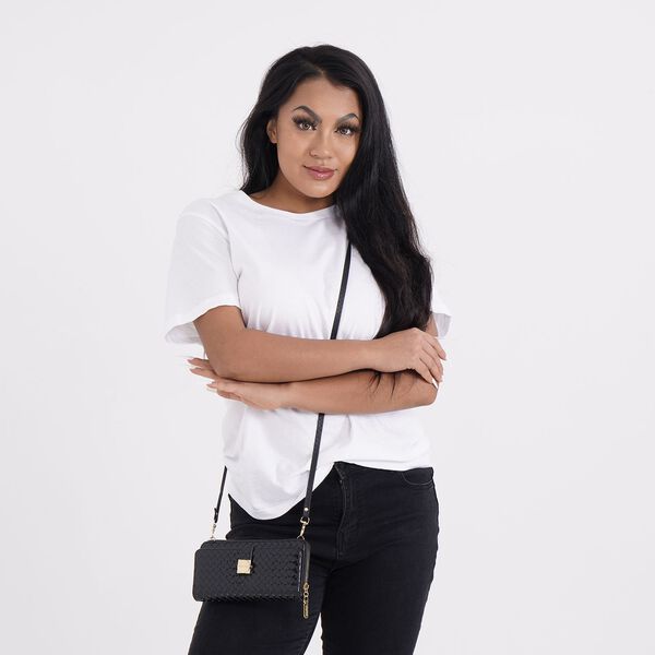 CLOSE OUT - gewebter Crossbody gl&auml;nzend Tasche, Multif&auml;cher, 20x10 cm, Schwarz image number 2