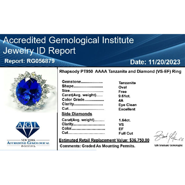 RHAPSODY zertifiziert und geprüft AAAA Tansanit und VS-EF Diamant Ring in 950 Platin - 11,25 ct. image number 7