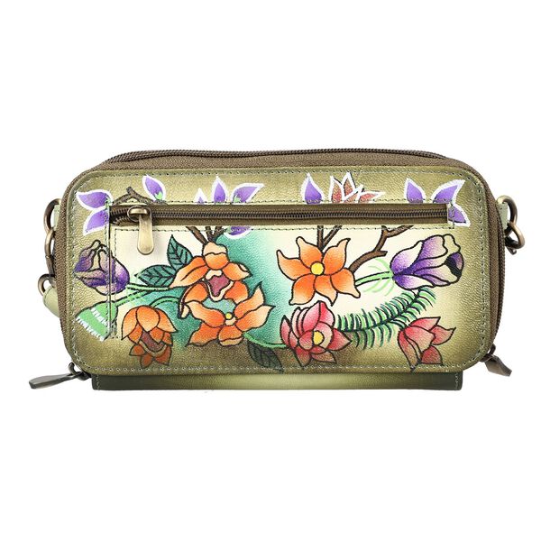 SUKRITI - RFID-gesch&uuml;tztes 100% Echtleder handgemaltes Crossbody-Tasche, 20x9 cm, oliv-gold image number 5