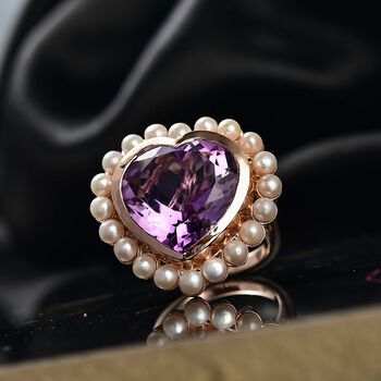 D'Joy AA Rosa Amethyst, S&uuml;&szlig;wasser Perle (3.5mm) Ring 925 Silber 750 Ros&eacute;gold Vermeil (Gr&ouml;&szlig;e 17.00) 22.90 ct