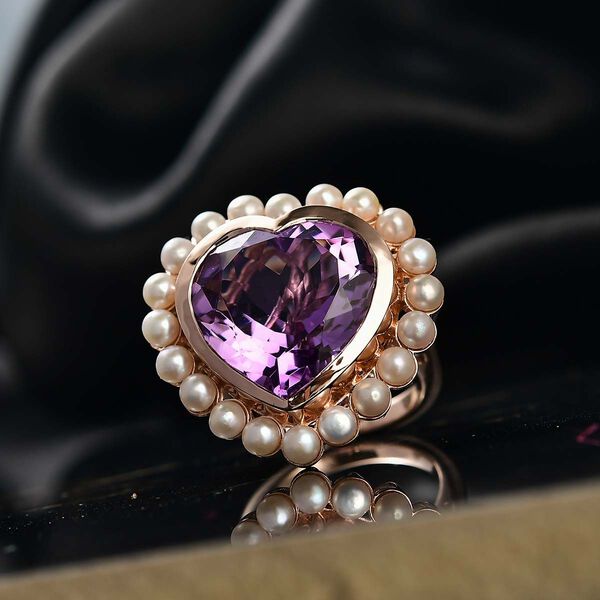 D'Joy AA Rosa Amethyst, S&uuml;&szlig;wasser Perle (3.5mm) Ring 925 Silber 750 Ros&eacute;gold Vermeil (Gr&ouml;&szlig;e 17.00) 22.90 ct image number 2