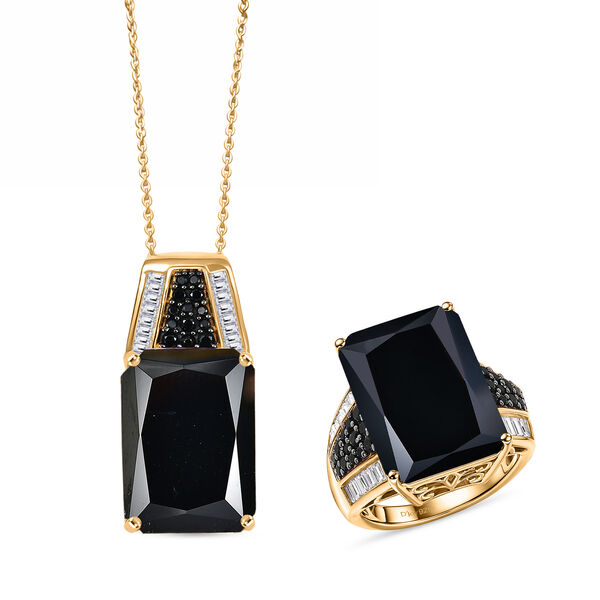 D'Joy schwarzer Spinell und Moissanit Ring und Anh&auml;nger mit 50cm Kette