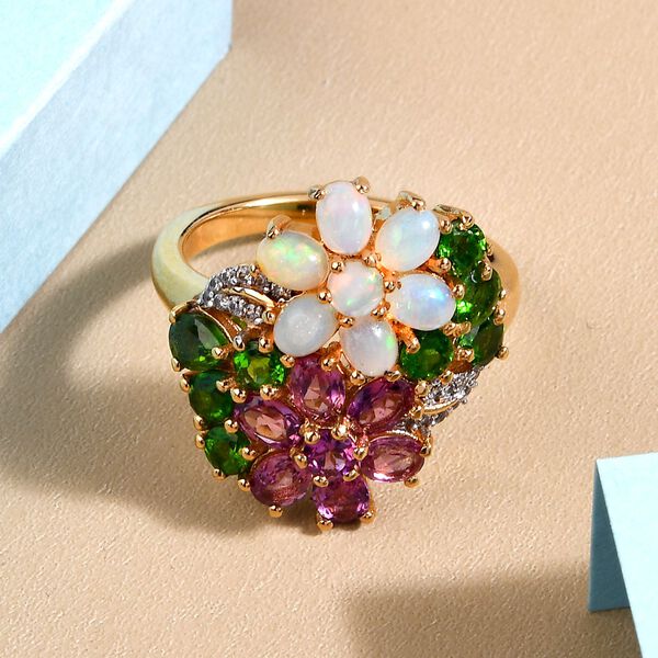 Rhodolith Granat, nat&uuml;rlicher Opal und Chromdiopsid-Ring, 925 Silber vergoldet  ca. 3,24 ct image number 2