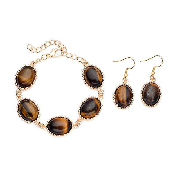 2er-Set, Gelbe Tigerauge-Ohrringe und Armband - 95 ct.
