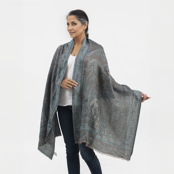 Premium Kollektion - gewebter Schal, Natur Seide und Wolle, Jamawar Design, 70x200 cm, Dunkelblau image number 2