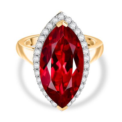 Marquise Dawn - D'joy Lab Grown Padparadscha-Saphir , Wei&szlig;er Zirkon Ring 925 Silber 750 Gelbgold Vermeil (Gr&ouml;&szlig;e 20.00) ca. 11.92 ct