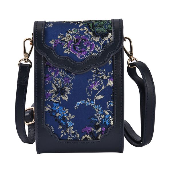 Luxury Edition: Seidenbrokat Handytasche aus echtem Leder und Satin Geschenkbox, RFID, Lila Blumig