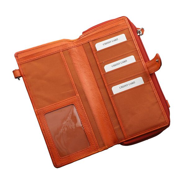 SUKRITI- Handbemalte Brieftasche aus Echtleder mit verstellbarem Schulterriemen und Schlüsselanhänger, Orange image number 8