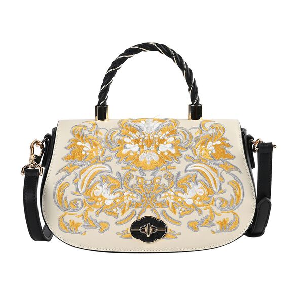 GRAND PELLE - Umh&auml;ngetasche aus echtem Leder mit Damast-Stickerei, mit Henkel und Schulterriemen, 23x9x13 cm, Schwarz