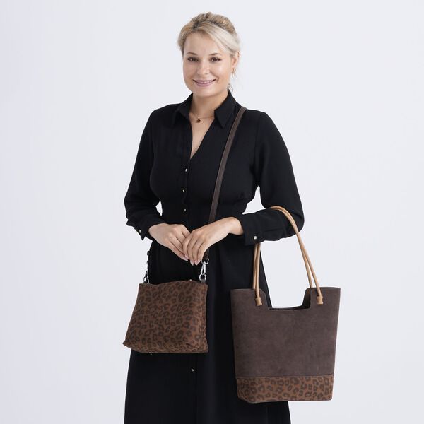 2er-Set Echtleder-Taschen, Shopper und Umh&auml;ngetasche mit trendigem Leopardenmuster, Dunkelkaffee image number 3