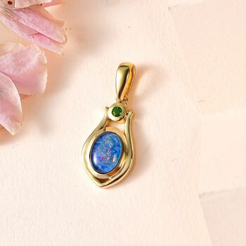 Boulder Opal Triplette, Nat&uuml;rlicher Chromdiopsid Anh&auml;nger 925 Silber Gelbgold Vermeil ca. 0,99 ct.