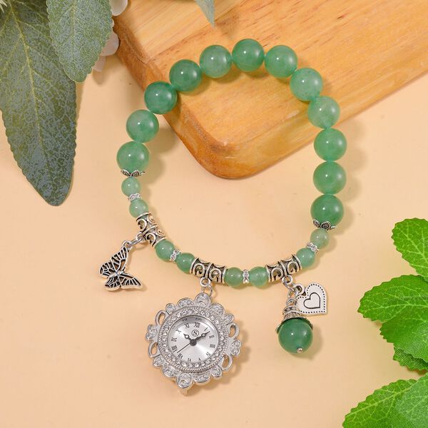 STRADA - Japanisches Uhrwerk, Gr&uuml;ner Aventurin, Wei&szlig;er Kristall Flexible Uhr 18.5 cm 316L Edelstahl ca. 25.30 ct image number 1