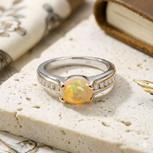 Nat&uuml;rlicher &Auml;thiopischer Opal und Zirkon Ring 925 Silber zweifarbige &Uuml;berzug image number 2