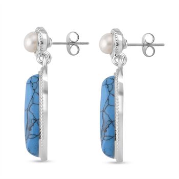 Blauer Howlit, Wei&szlig;e S&uuml;&szlig;wasser Perle Ohrringe, Silberfarben