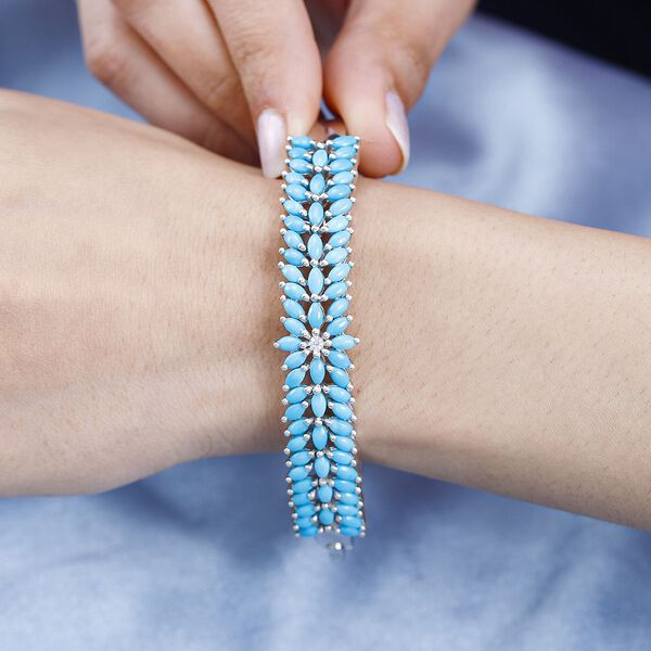 Sleeping Beauty Türkis, Weißer Zirkon Armreif ca. 20 cm 925 Silber platiniert ca. 10,40 ct. image number 3