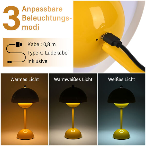 Kabellose Tischlampe im minimalistischen Retro-Pilzdesign &ndash; Touch-Steuerung, gelb image number 4