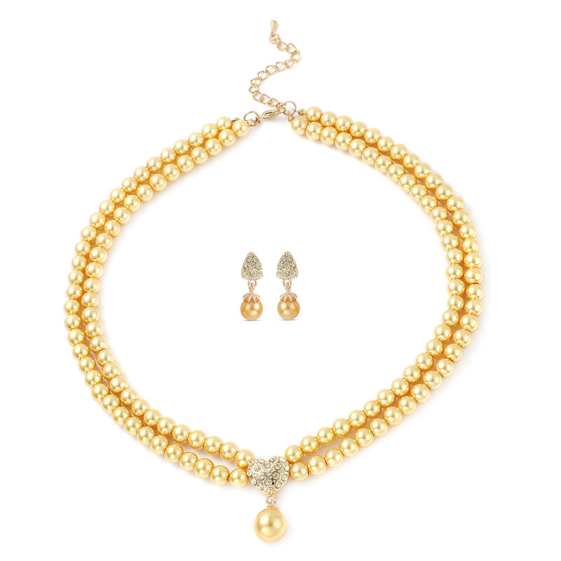 2er-Set- goldene, simulierte Perlen und Champagner-Kristall-Halskette 50 cm und Ohrringe image number 0