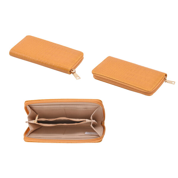 Passage - 4er-Set, Handtasche, Crossbody Tasche, Clutch und Brieftasche mit Kroko-Prägung, Blumenmuster, Senfgelb image number 7