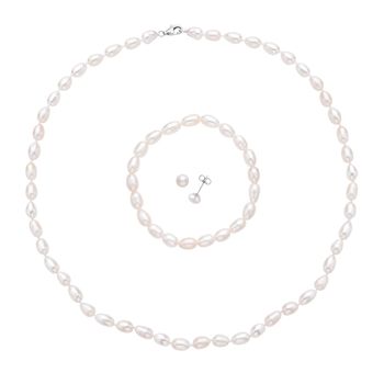 3er Set, wei&szlig;e S&uuml;&szlig;wasserzuchtperlen Halskette, Ohrringe und Armband, 925 Silber rhodiniert