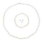 3er Set, weiße Süßwasserzuchtperlen Halskette, Ohrringe und Armband, 925 Silber rhodiniert