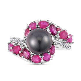 Tahiti Perle, Afrikanischer Rubin (Fissure gefüllt) Ring, 925 Silber rhodiniert, (Größe 18.00)