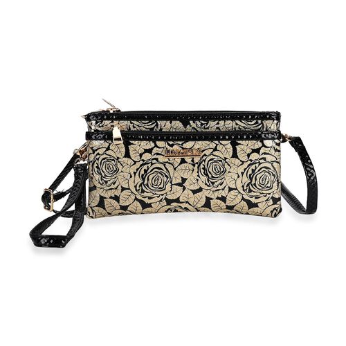 Stylische Sling Crossbody Tasche mit Champagner-Rosenmuster, Gold image number 0