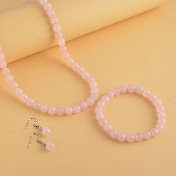 Rosenquarz Halskette, Armband und Ohrringe, Edelstahl ca. 285.00 ct image number 2