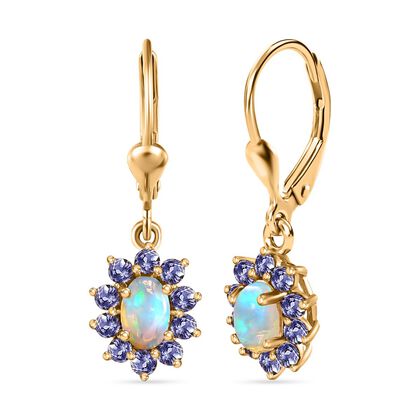 AA Nat&uuml;rlicher, &auml;thiopischer Welo Opal, Tansanit Ohrringe 925 Silber vergoldet ca. 1,43 ct.