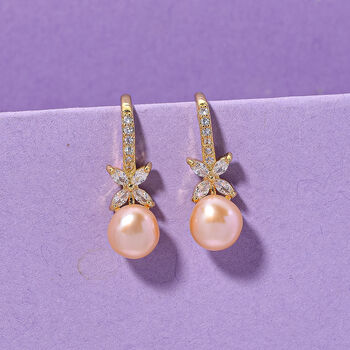 Pfirsich-S&uuml;&szlig;wasser Perle (6-8 mm), Wei&szlig;er Zirkonia Ohrringe Nickelfreies Messing vergoldet