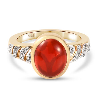 Mexikanischer Kirschfeuer-Opal und Zirkon Ring 925 Silber vergoldet (Gr&ouml;&szlig;e 16.00) ca. 2,28 ct