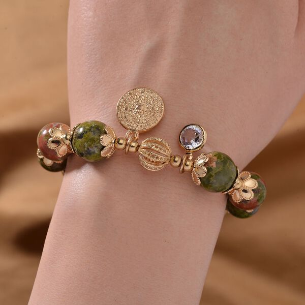 Unakite, Weißer Kristall Armband Flexibles Legierung vergoldet image number 2