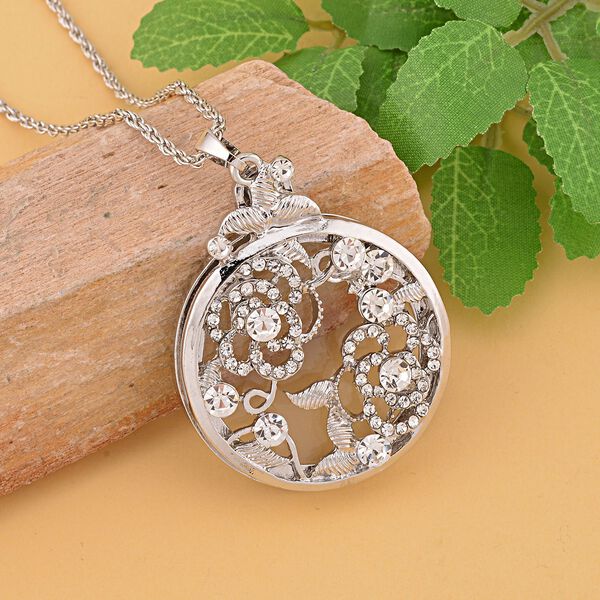 2 -und-1 Lupe und Walflosse mit floralen Wei&szlig;er Kristall Anh&auml;nger mit Kette ca. 61 cm + 5 cm Extender, Glas, Silberfarben image number 1