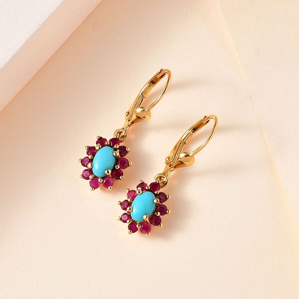 AA Sleeping Beauty T&uuml;rkis, Afrikanischer Rubin (Fissure gef&uuml;llt) Ohrringe 925 Silber 750 Gelbgold Vermeil ca. 1.93 ct image number 2