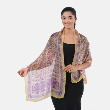 Bedruckter Schal aus 100% Seide, Mehrfarbiges Muster mit gelber Bord&uuml;re, 70x200 cm