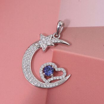 LUSTRO STELLA - Blauer Zirkonia, Wei&szlig;er Zirkonia Mond und Stern Anh&auml;nger 925 Silber rhodiniert