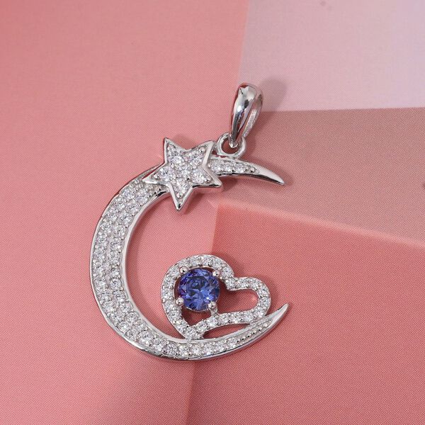 LUSTRO STELLA - Blauer Zirkonia, Weißer Zirkonia Mond und Stern Anhänger 925 Silber rhodiniert image number 1