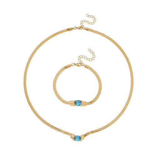 2-teiliges Schmuckset, Halskette und Armband mit Blauer Kristallen, Edelstahl goldfarben image number 0