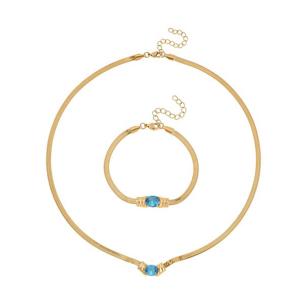 2-teiliges Schmuckset, Halskette und Armband mit Blauer Kristallen, Edelstahl goldfarben image number 0