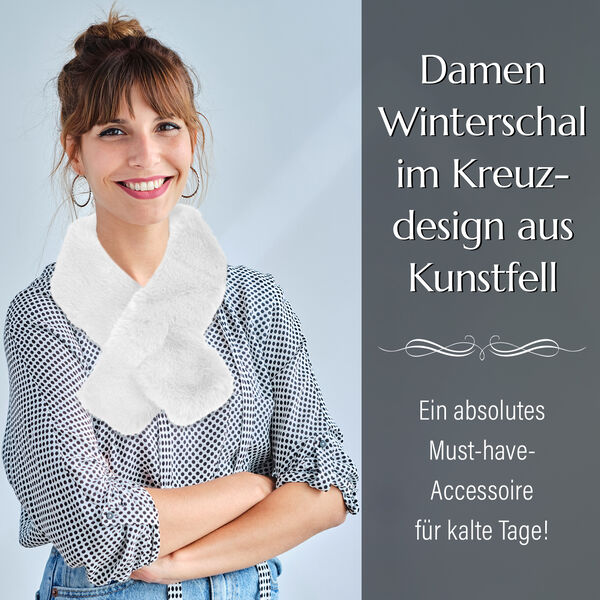 Damen Winterschal im Kreuzdesign aus Kunstfell, Wei&szlig; image number 3