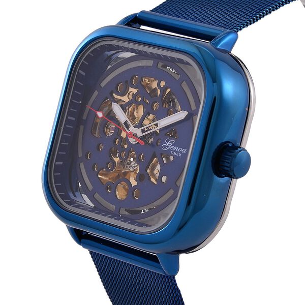 GENOA TIME V2 42mm Automatische Mechanikuhr - Schwarzes hohles Zifferblatt, Gehäuse aus Legierung mit IPS-Beschichtung, Edelstahl-Mesh-Armband, 3 ATM wasserdicht, Reiner Edelstahl, 8.5 cm, blau image number 4