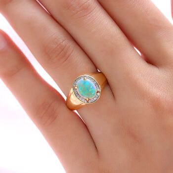 Nat&uuml;rlicher, &auml;thiopischer Welo Opal und wei&szlig;er Zirkon-Ring, 925 Silber vergoldet (Gr&ouml;&szlig;e 20.00) ca. 1.24 ct