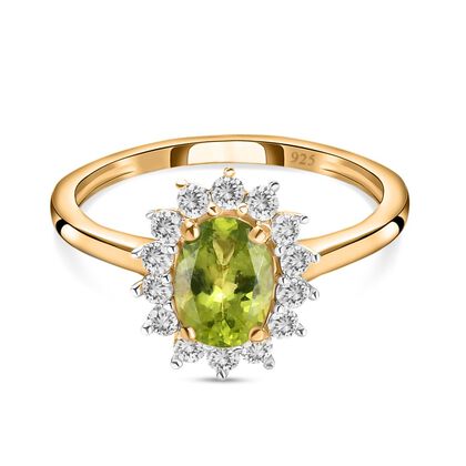 Nat&uuml;rlcher Peridot, Wei&szlig;er Zirkon Ring 925 Silber 585 Vergoldet (Gr&ouml;&szlig;e 19.00) ca. 1.32 ct