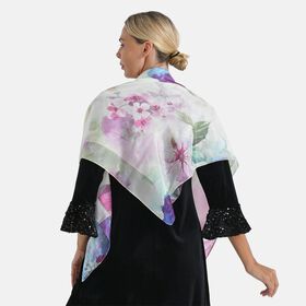 LA MAREY 2er-Set 110x110cm Schal aus 100% Maulbeerseide mit Blumenmuster und Brosche, Rosa-blau