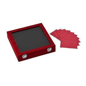 Quadratische Ringbox aus Samt mit Glasfenster und 10 Silberputztüchern, mit Sicherheitsverschluss, 24x24x5 cm, Weinrot