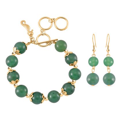 2er Set - Gr&uuml;ner Aventurin Armband und Ohrringe, Reiner Edelstahl, vergoldet, ca. 180.00 ct