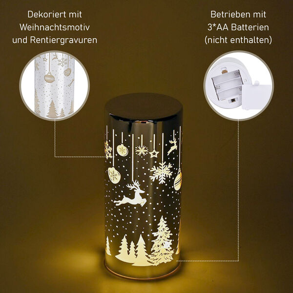 LED-Deko-Zylinder aus Glas mit Weihnachts-Motiven, Silber image number 2