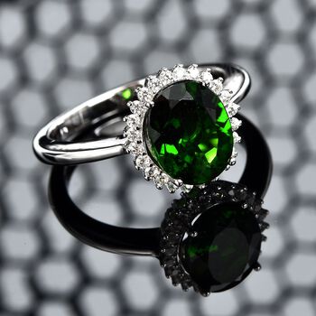 Nat&uuml;rlicher Chromdiopsid und wei&szlig;er Zirkon-Ring, 925 Silber rhodiniert  ca. 3,05 ct