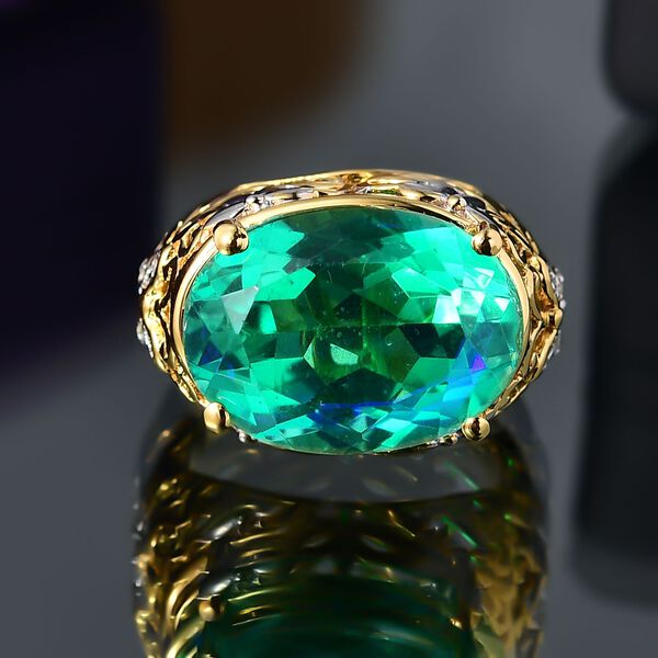 D joy Pfau Quarz Triplette, Wei&szlig;er Zirkon Ring 925 Silber Rhodiniert und 750 Gelbgold Vermeil (Gr&ouml;&szlig;e 19.00) ca. 14.02 ct image number 1
