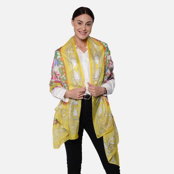 LA MAREY: Bedruckter Schal aus 100% Maulbeerseide, in Geschenkbox, Gelb und mehrfarbig